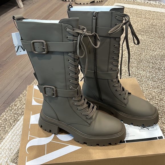 Zara khaki waxed lace up lug sole boots - Picture 3 of 15